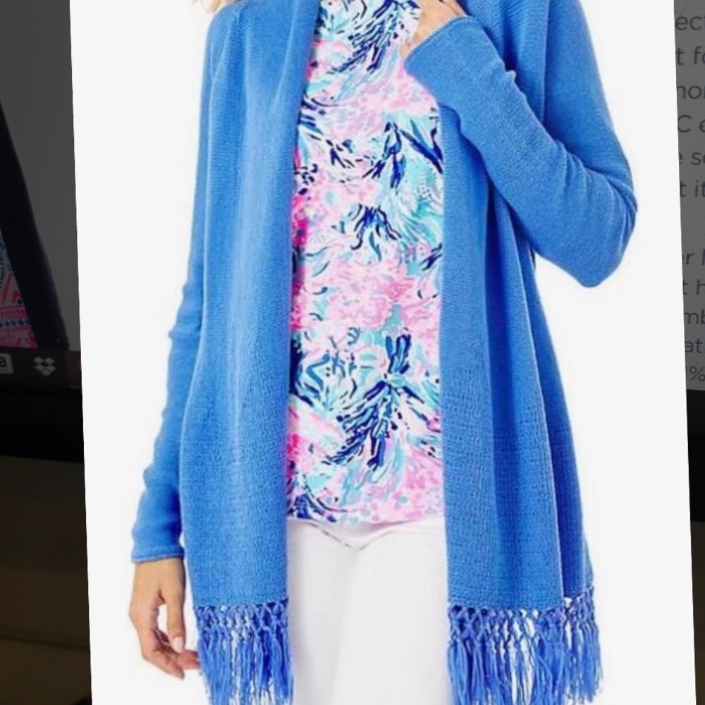 Lily Pulitzer Blue Tatum Long Fringe Hem Cardigan